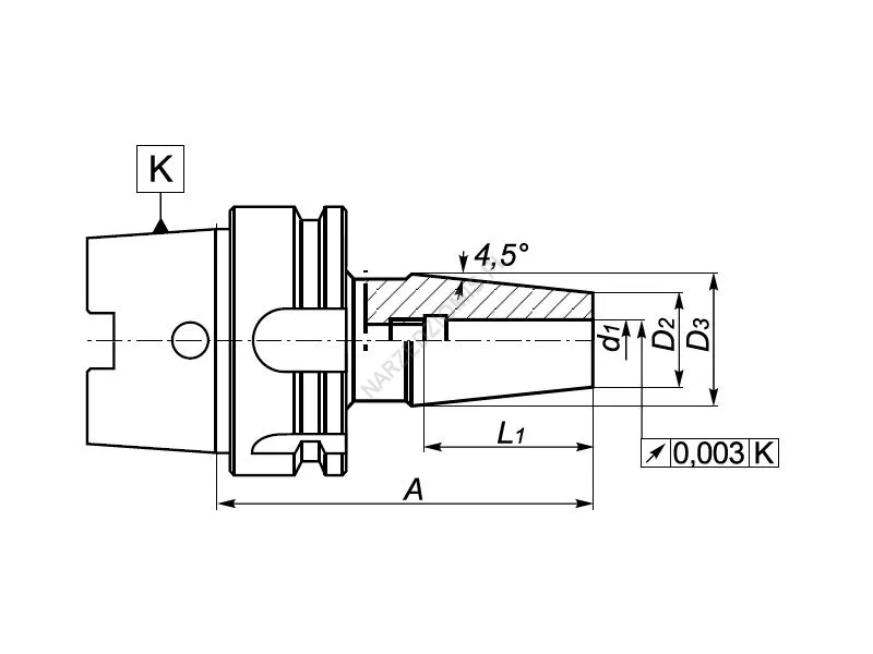 Rysunek techniczny: Oprawka frezarska termiczna z chw. HSK-A na chw. walcowy: T.7634 HSK100/FI10 120mm - KOLNO